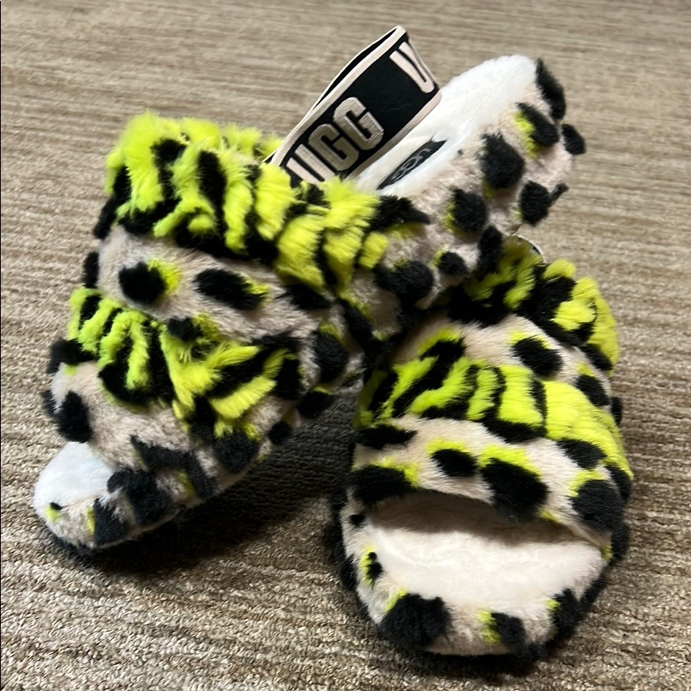 UGG Neon and Black Fuzzy Slippers